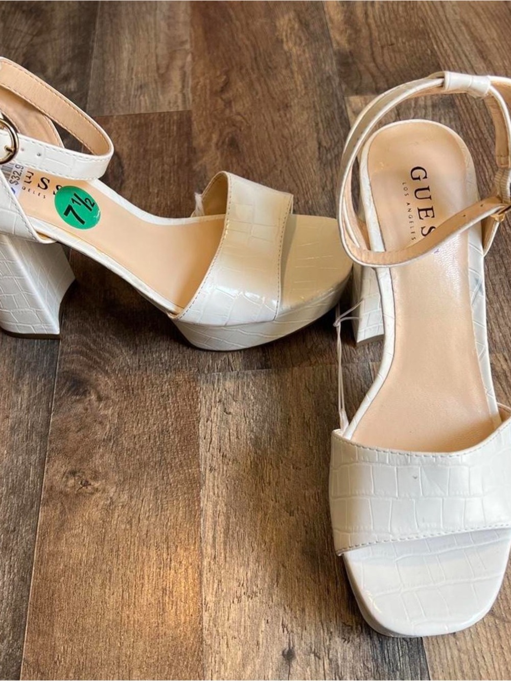 GUESS White Croc-Embossed Block Heel Sandals with Ankle Strap